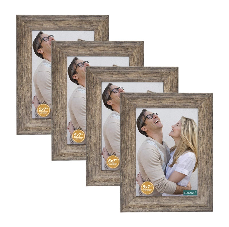 DECANIT 5x7 Picture Frames Rustic Distressed Brown Wood Pattern High Definition Glass for Table Top Display and Wall Mounting Photo Frameï¼ŒPack of 4 - Image 1